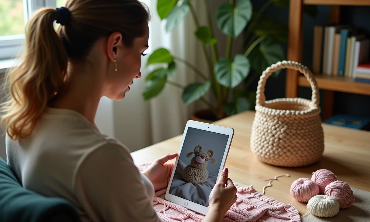 Mulher aprendendo a crochetear com tutorial online.