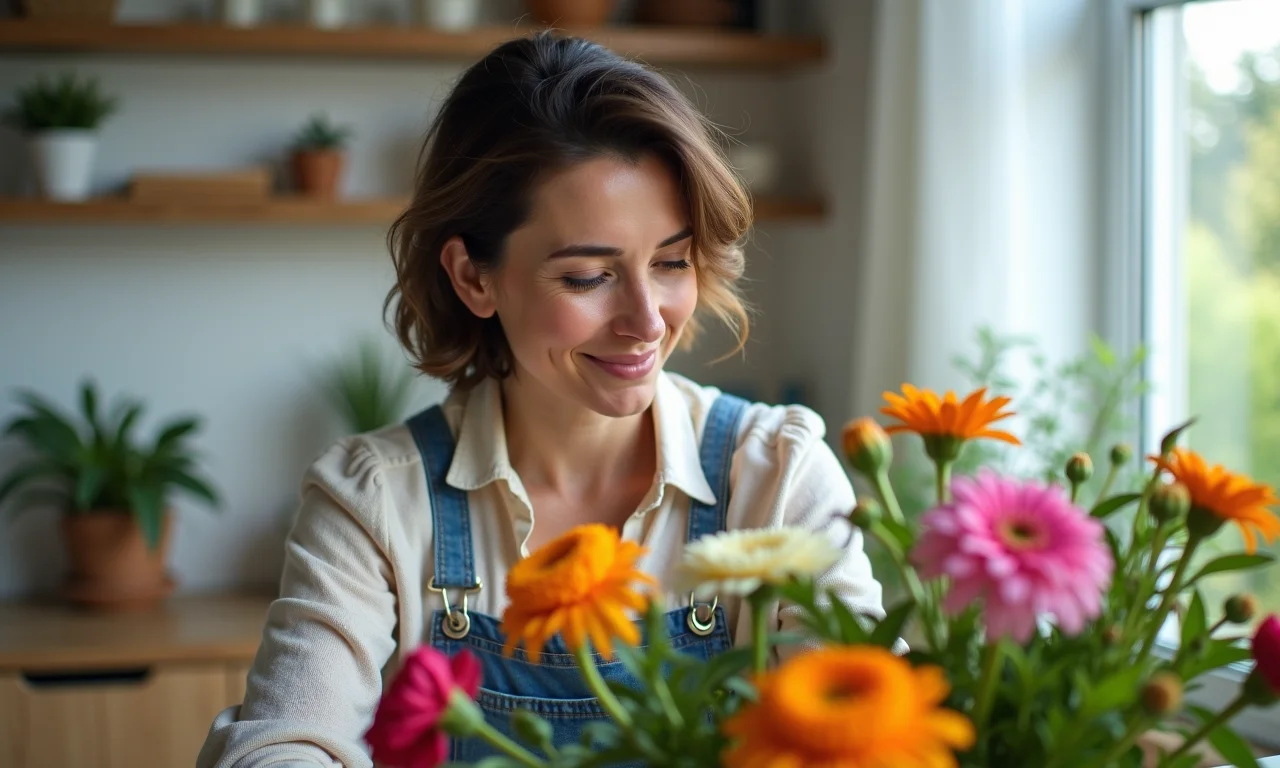 Mulher arrumando flores frescas em casa, tutorial.