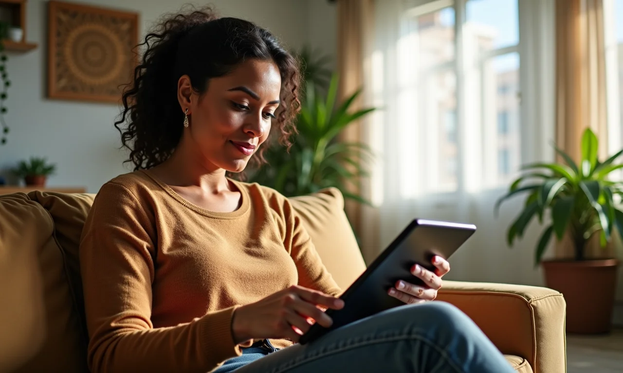 Mulher brasileira buscando inspiração para artesanato online.