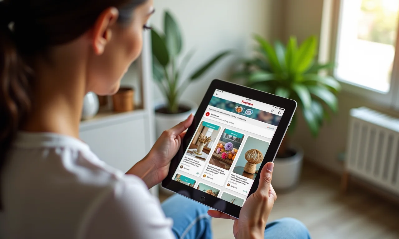 Mulher buscando inspiração para artesanato com CD em tablet.