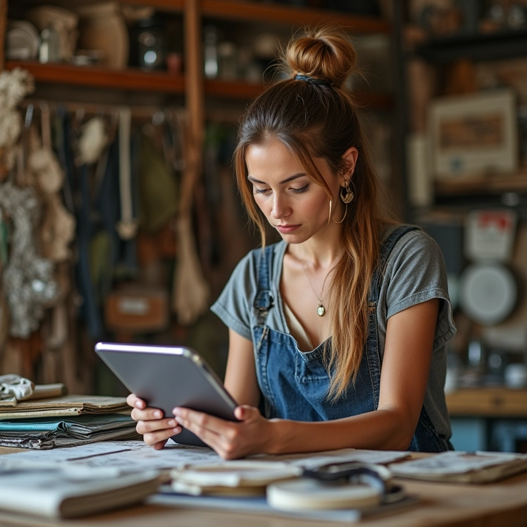 Mulher buscando inspiração para criar objetos reciclados em tablet.