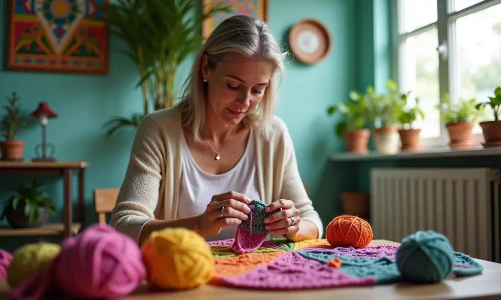 Como Fazer Crochê Para Canhoto: Dicas e Vídeos Mulher canhota crocheta com linha colorida em ambiente iluminado.