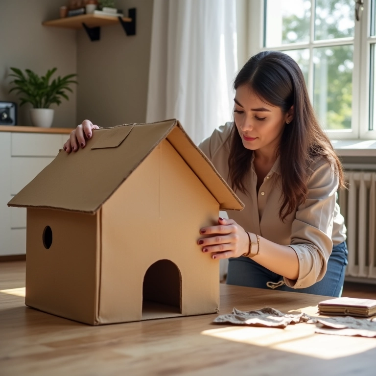Mulher checando a estabilidade de uma casinha de papelão, garantindo a segurança.