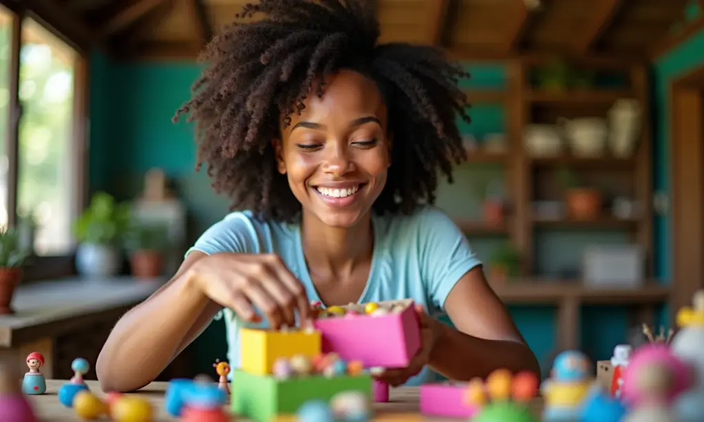 Mulher criando brinquedos reciclados com caixas de sapato.
