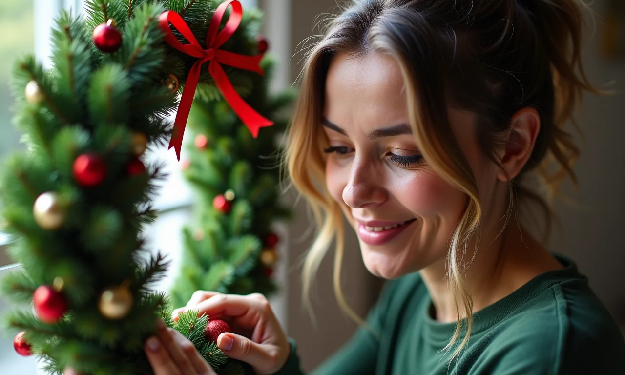 Mulher criando guirlanda de Natal com materiais reciclados.