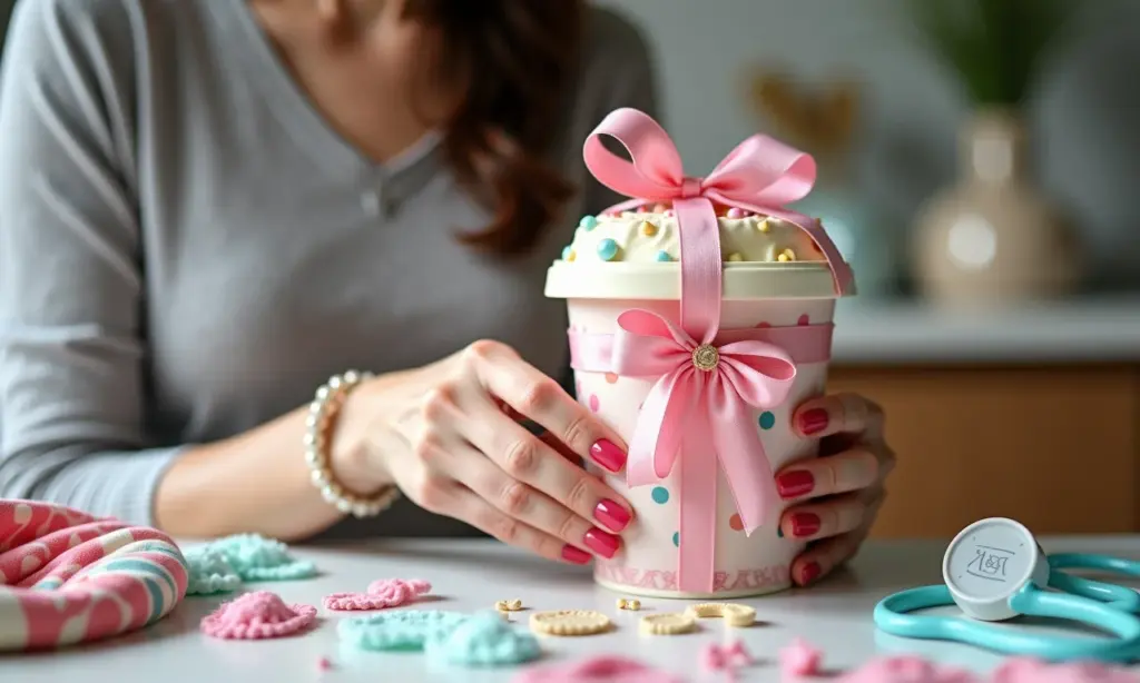 Lembrancinha com pote de sorvete: Como fazer Mulher criando lembrancinha com pote de sorvete decorado com tecido e fitas coloridas.