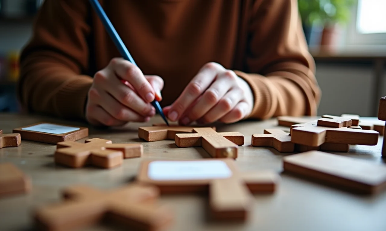 Mulher criando lembrancinhas DIY de Crisma, pintando cruzes.