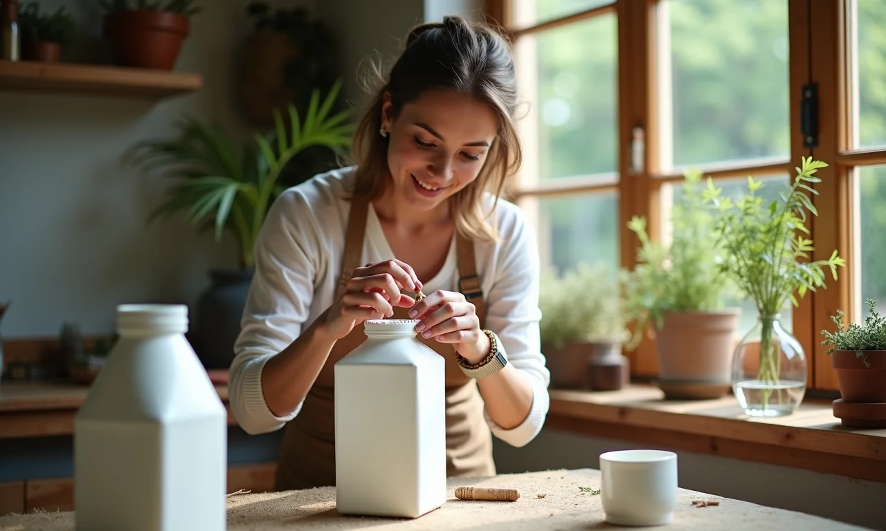 Mulher criando vasos de caixas de leite, foco em sustentabilidade.