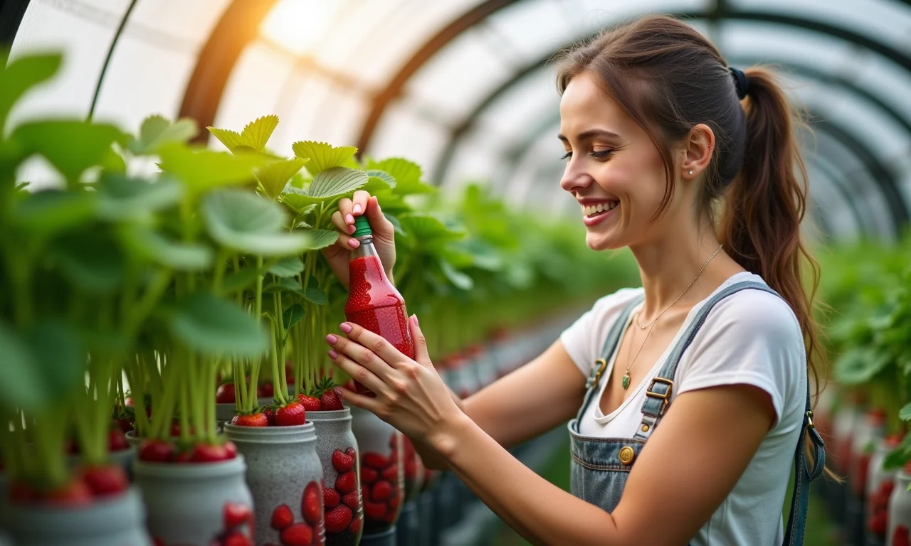 Mulher cuidando de morangos plantados em garrafas PET.