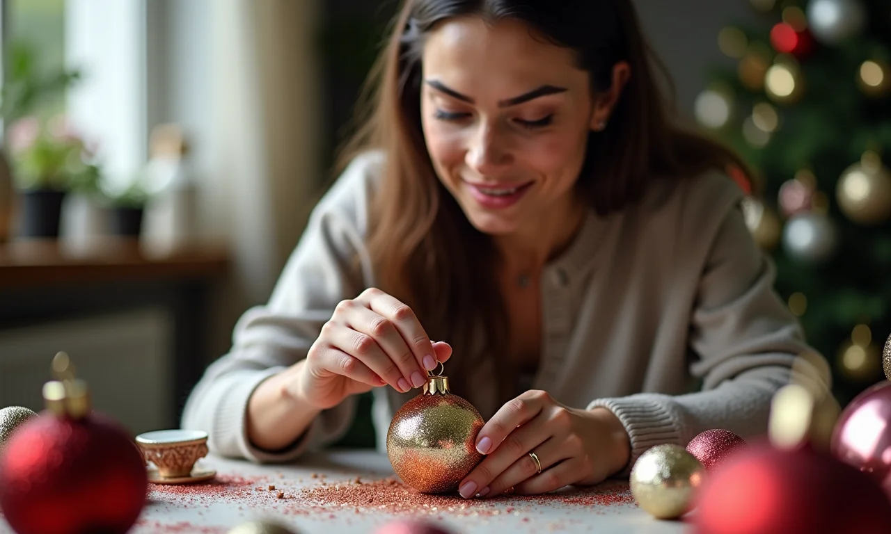 Mulher customizando bolas de Natal com glitter e tinta.