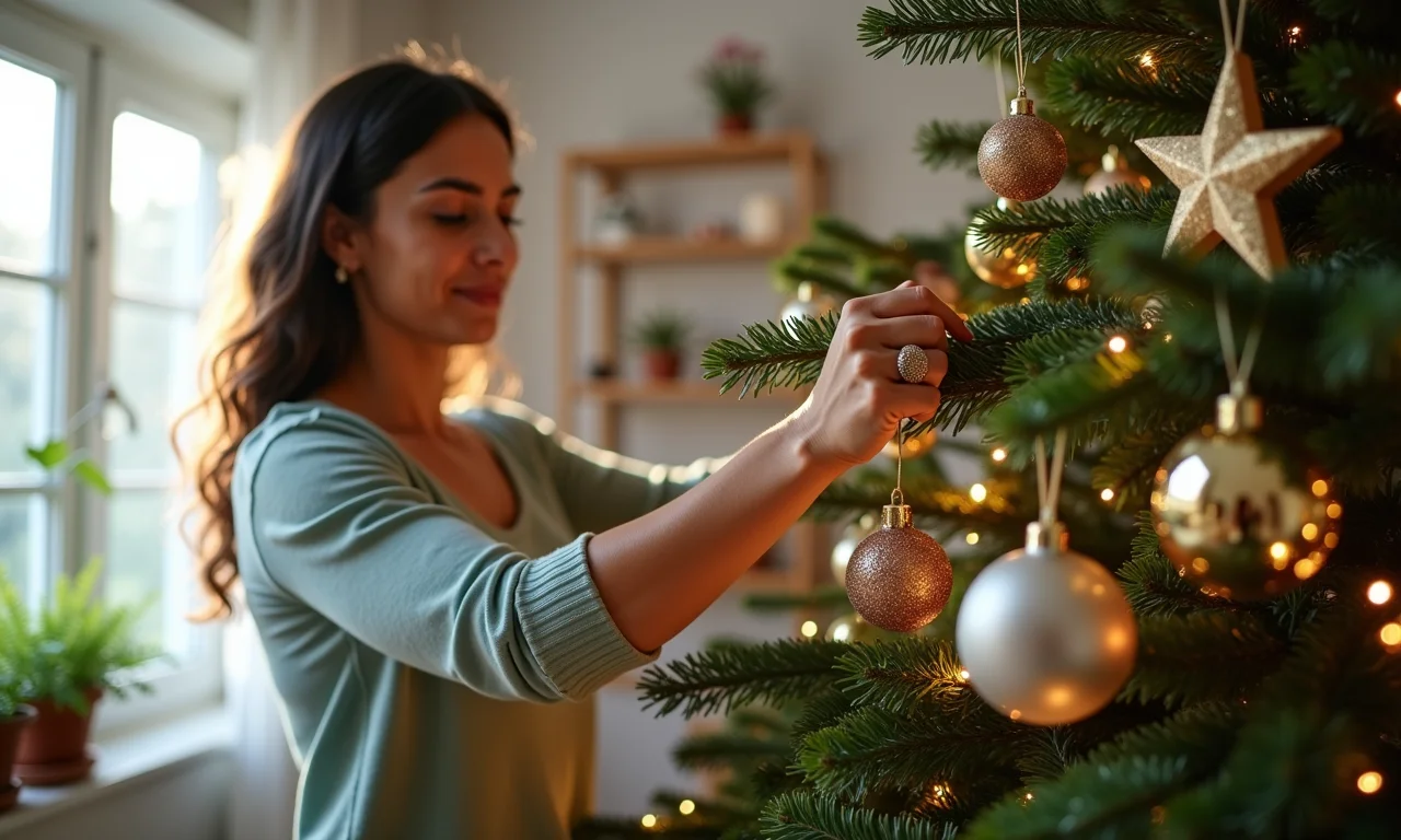 Mulher decorando árvore de Natal com enfeites reciclados.