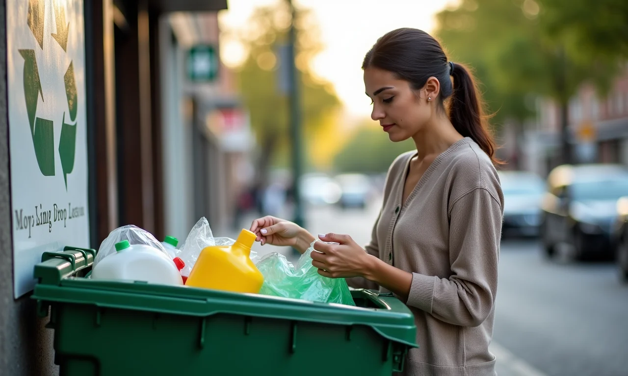 Mulher descartando lixo reciclável em ponto de coleta comunitário.