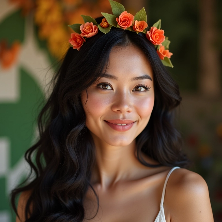 Mulher elegante usando tiara simples de flor de feltro, sorrindo em ambiente decorado.