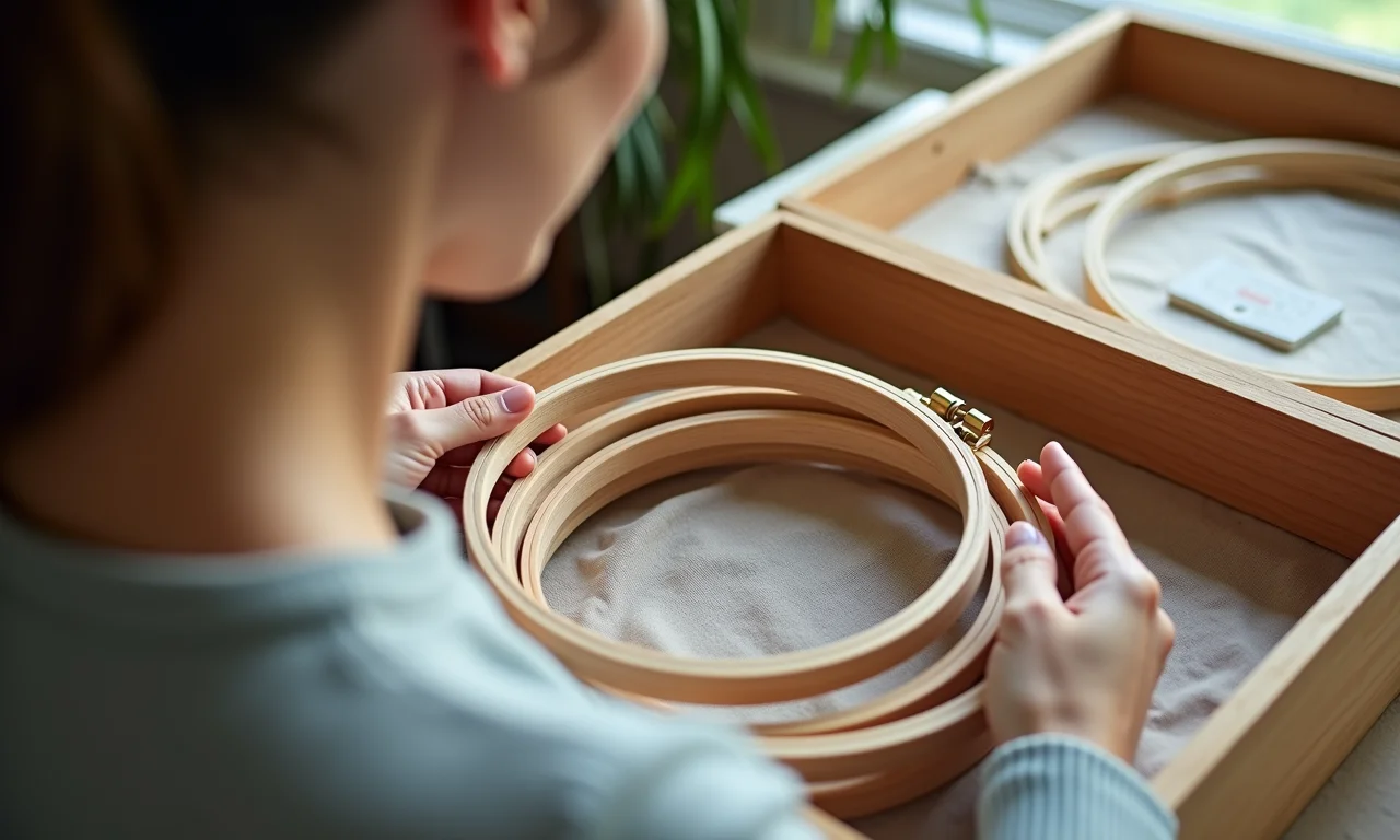 Mulher escolhendo bastidor de bordado de uma caixa de madeira.
