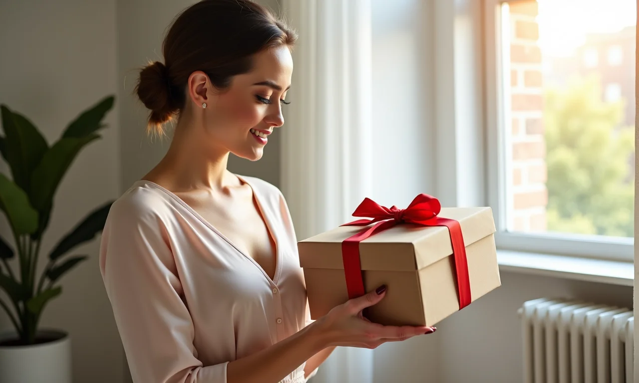 Mulher escolhendo caixa de MDF artesanal para presente.