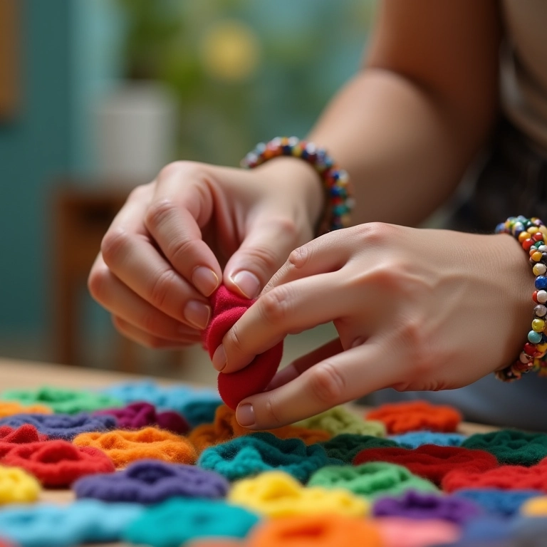 Mulher escolhendo feltro colorido para guirlanda.