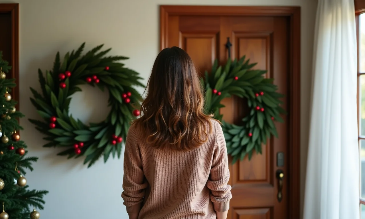 Mulher escolhendo o tamanho ideal de guirlanda de Natal.