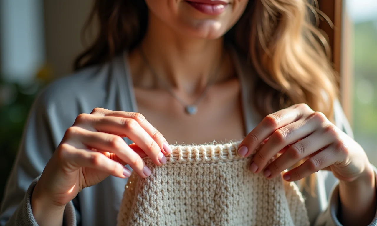 Mulher evitando cruzar fios excessivamente no ponto cruz.