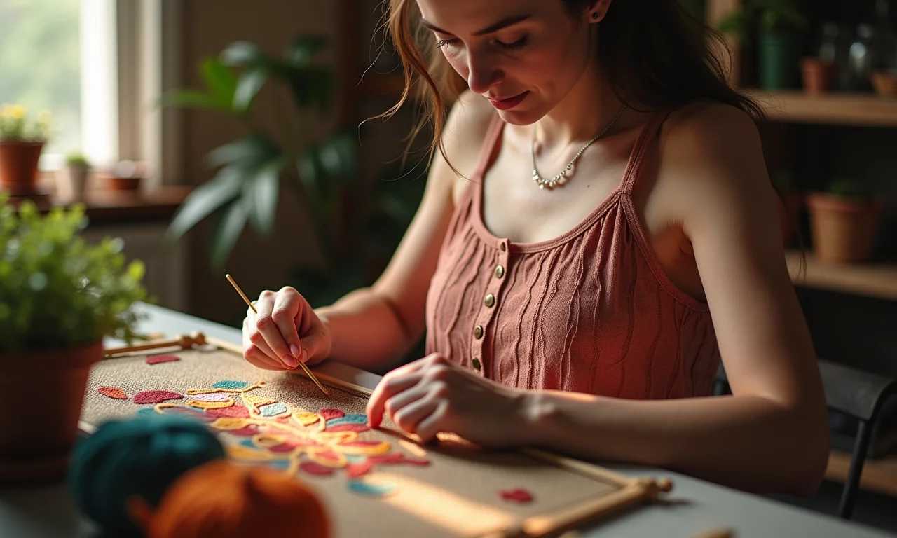 Mulher evitando que os fios se embaracem no ponto cruz.