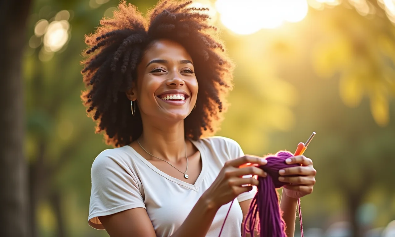 Mulher feliz segurando agulhas de crochê e linha.