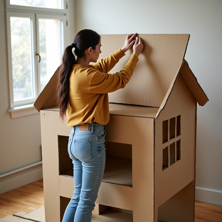 Mulher fixando o telhado de papelão em uma casinha, usando uma escada.