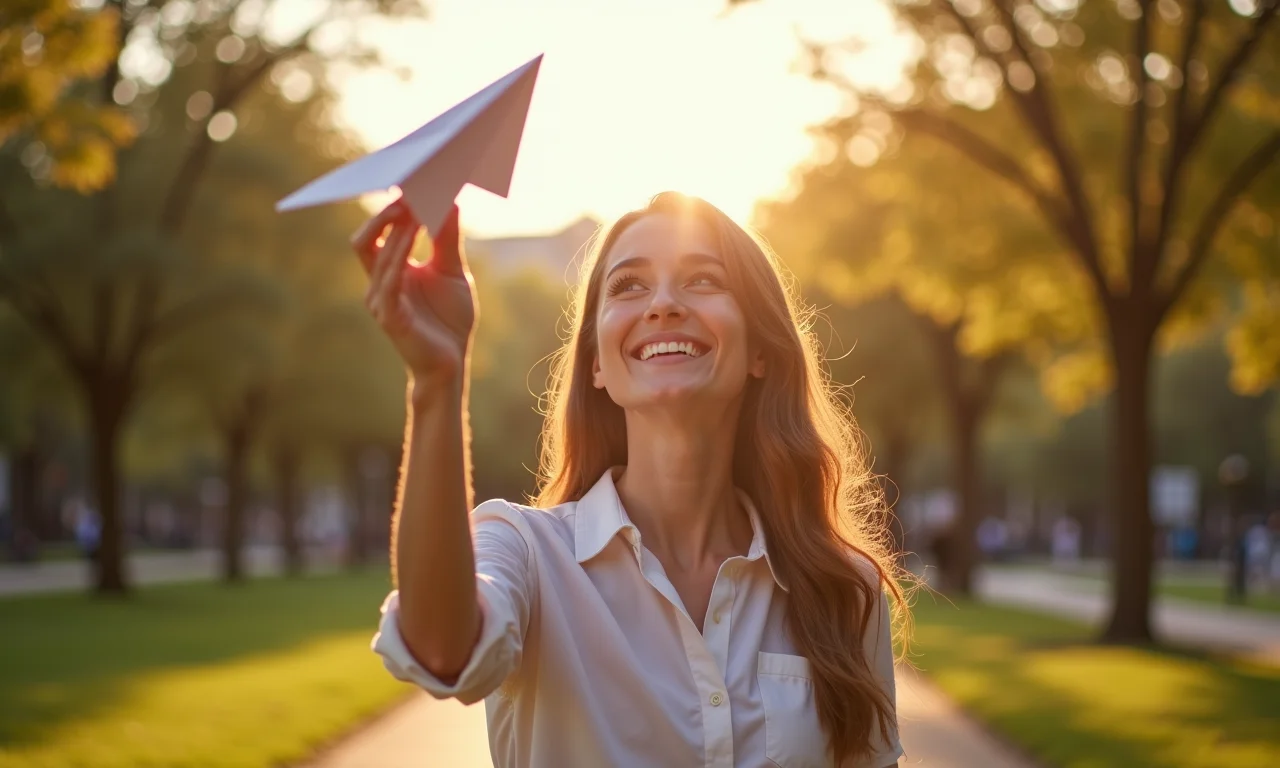 Mulher lançando um aviãozinho de papel em um parque ensolarado, com expressão feliz.