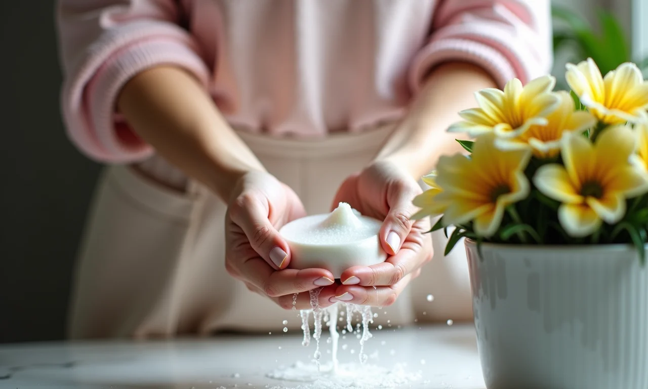 Mulher lavando delicadamente peso de porta flor de fuxico com sabão neutro.