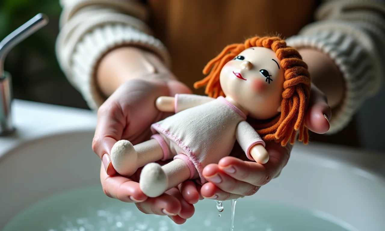 Mulher lavando delicadamente uma boneca de pano à mão com sabão neutro.