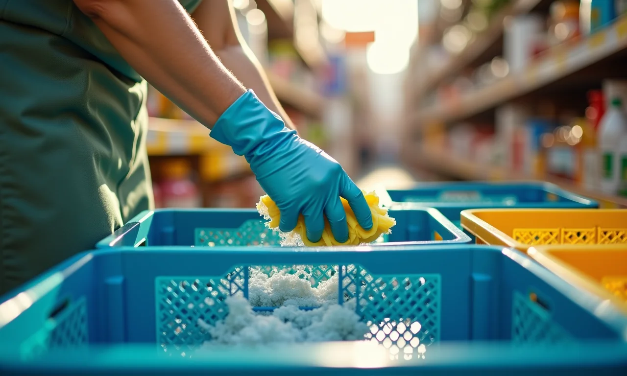 Mulher limpando caixotes de feira com água e sabão.