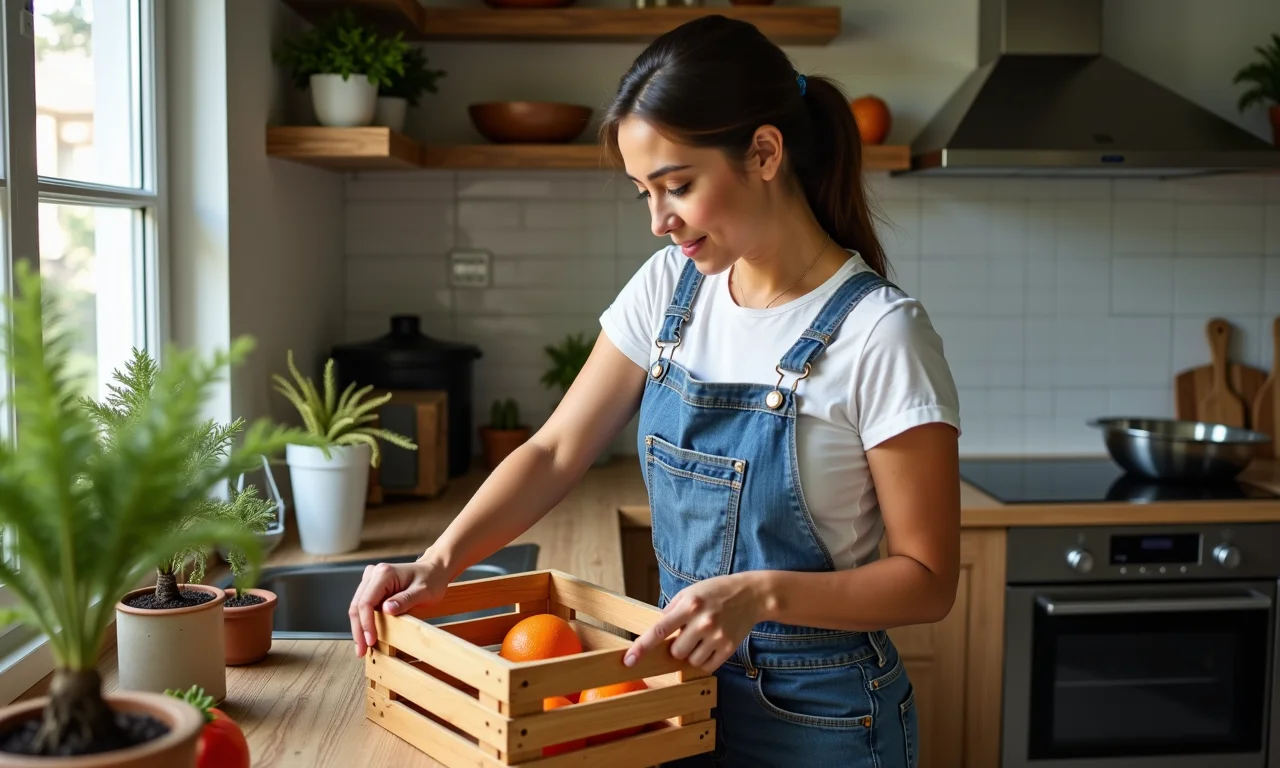 Mulher limpando caixotes de feira usados na cozinha para projeto DIY.