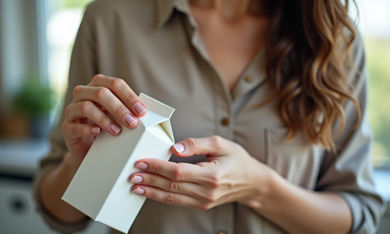 Mulher limpando carteira de caixa de leite com pano macio.