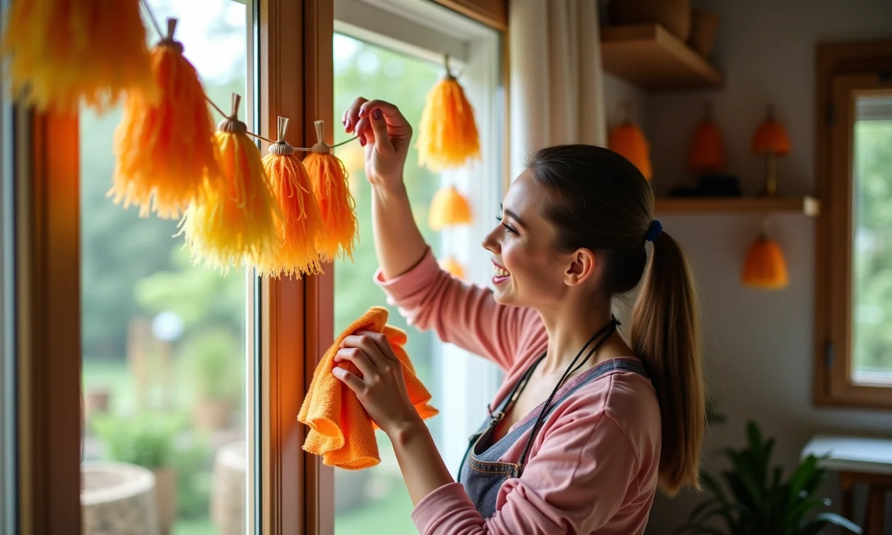 Mulher limpando enfeites de EVA de festa junina.