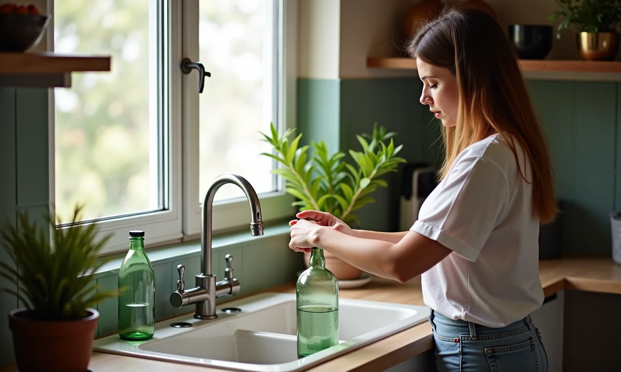 Mulher limpando garrafas de vidro na pia de cozinha brasileira iluminada.