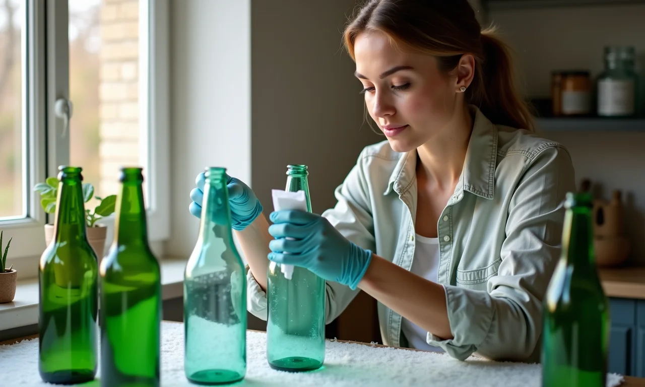 Mulher limpando garrafas de vidro recicladas.