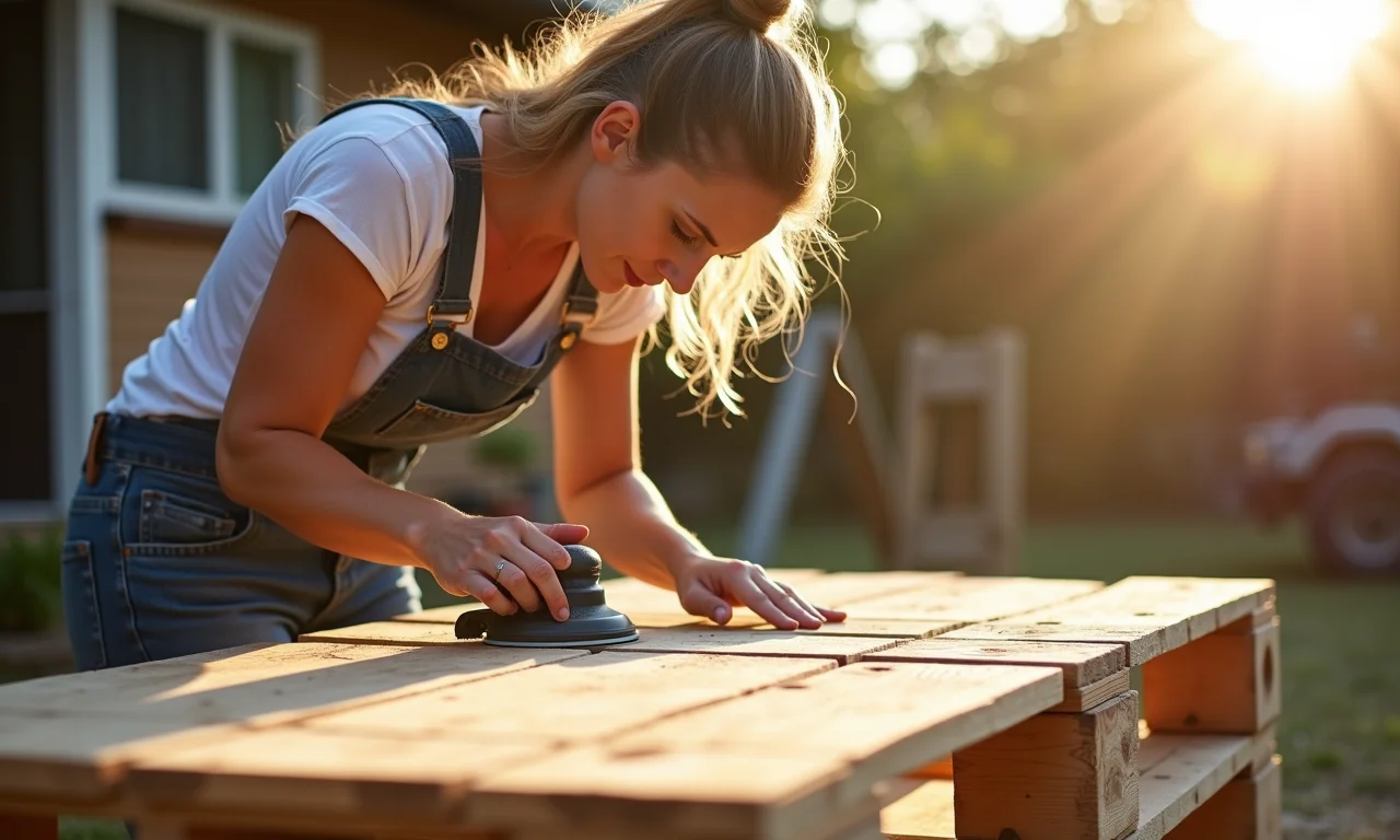 Mulher lixando um palete de madeira ao ar livre para construir móveis.