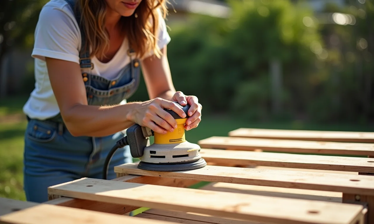 Mulher lixando um pallet para transformá-lo em prateleira.
