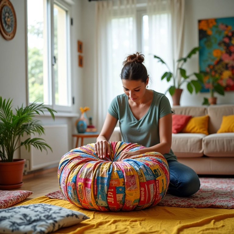 Mulher montando puff redondo de garrafa PET em apartamento estiloso.
