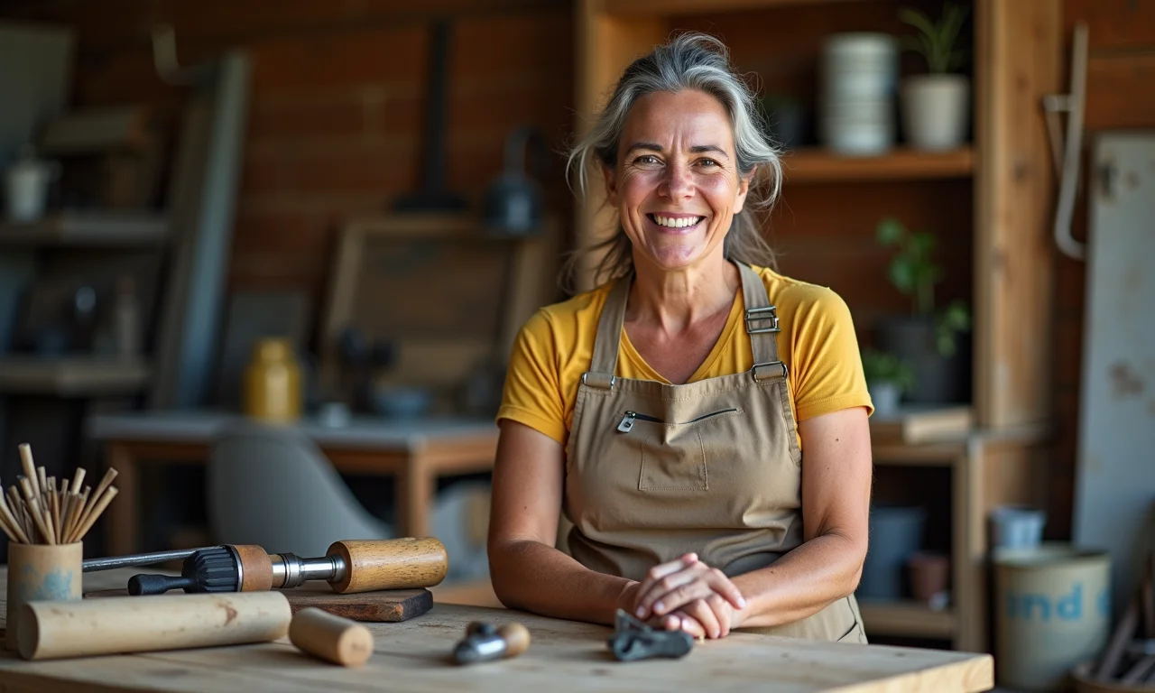 Mulher mostrando ferramentas para artesanato com reciclagem.