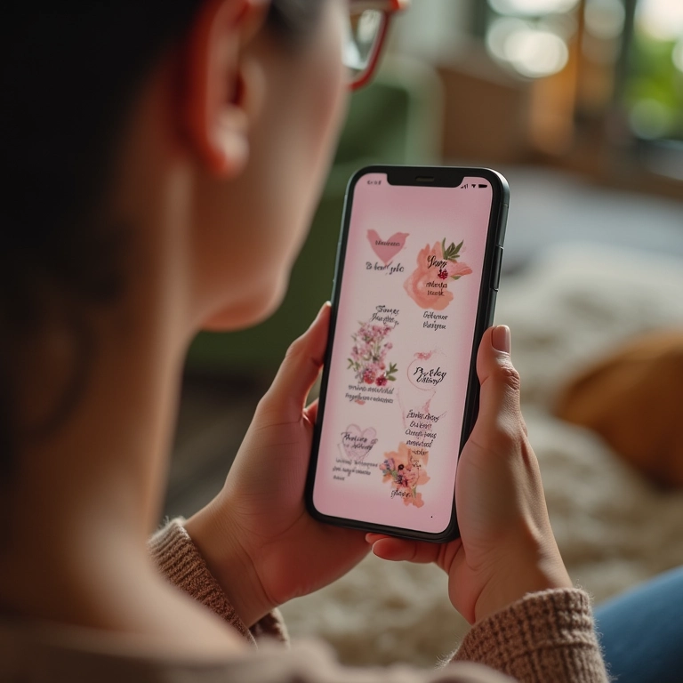 Mulher navegando no We Heart It em seu celular, inspirando-se com ideias delicadas.