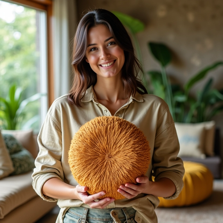 Mulher orgulhosa apresenta puff redondo feito de material reciclado em ambiente sustentável.