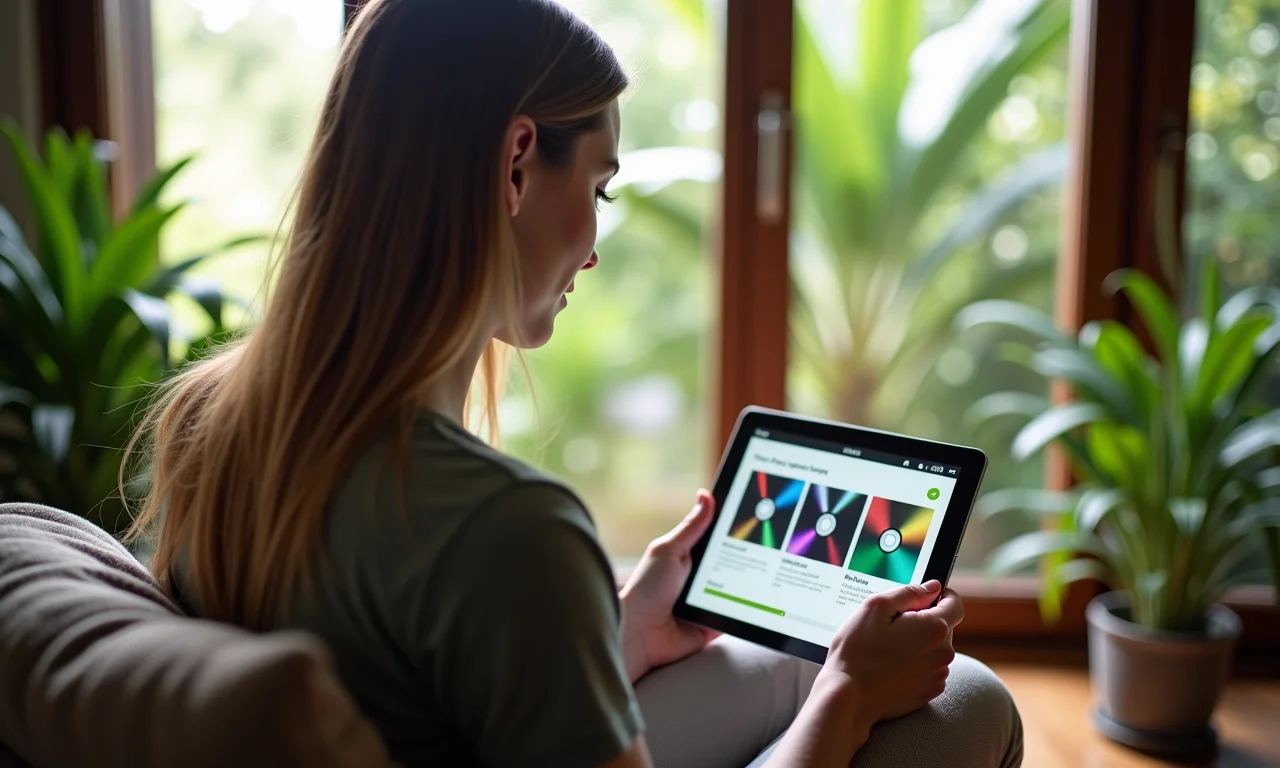 Mulher pesquisando razões para reciclar CDs em casa.