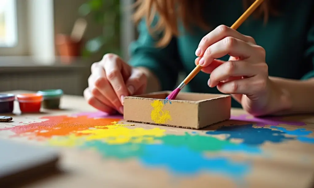 Como pintar caixinha de mdf: um guia prático Mulher pintando caixinha de MDF com tintas coloridas.