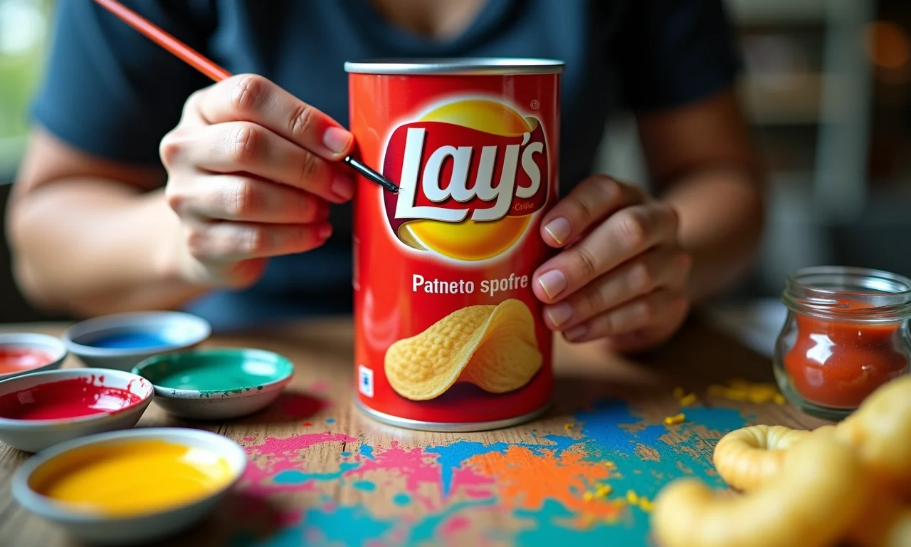 Mulher pintando desenhos personalizados em uma lata de batata com tintas coloridas e pincéis.