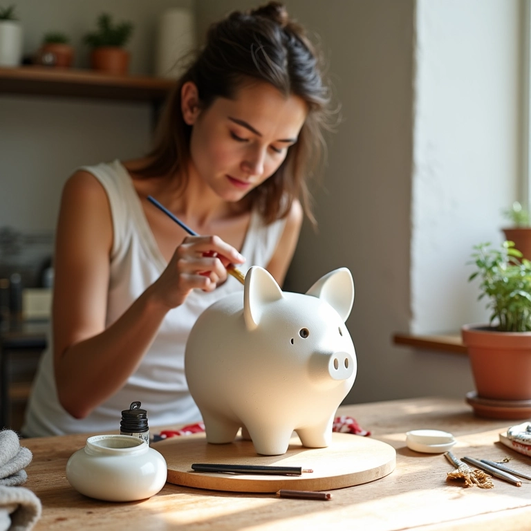 Mulher pintando um cofre de gesso em um ateliê ensolarado.
