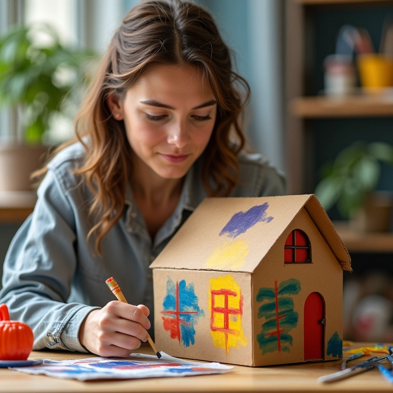 Mulher pintando uma casinha de papelão com cores vibrantes.