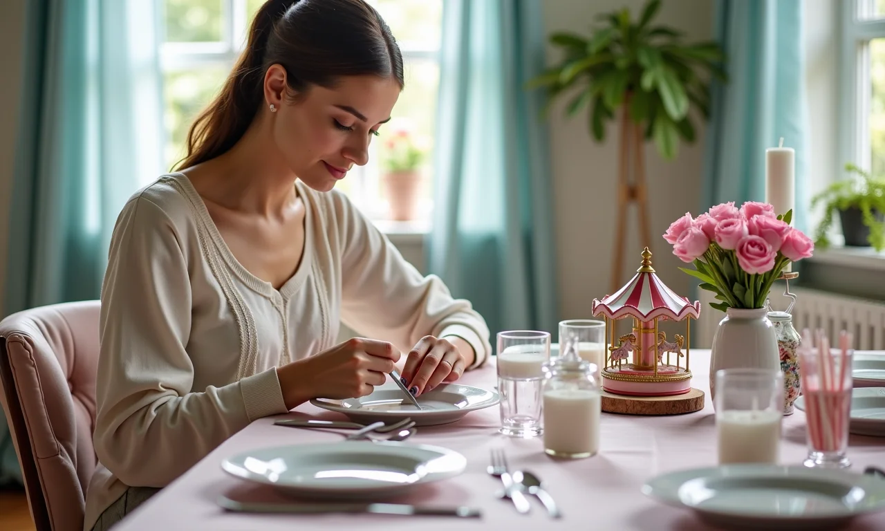 Mulher planejando lembrancinhas de carrossel com economia e criatividade.