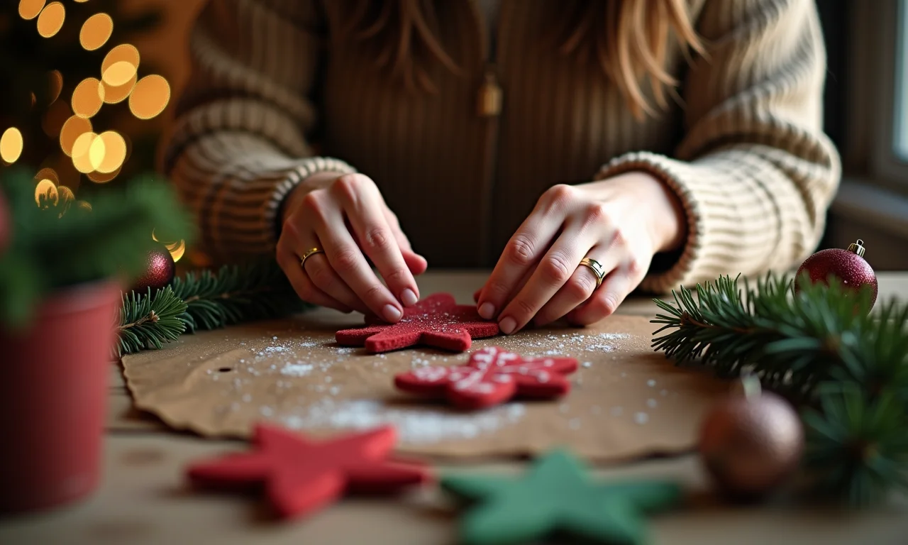 Mulher preparando lembrancinhas de Natal artesanais.