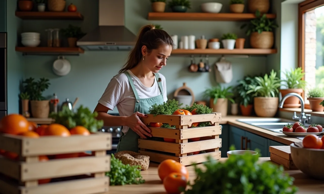 Mulher procurando caixotes de feira usados para projeto de reciclagem na cozinha.