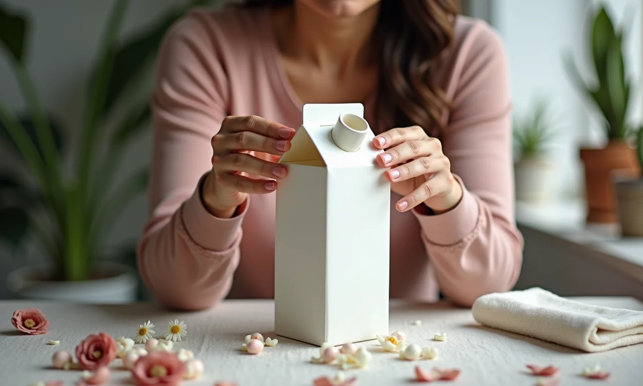 Mulher relaxando ao decorar vaso com tecido floral.