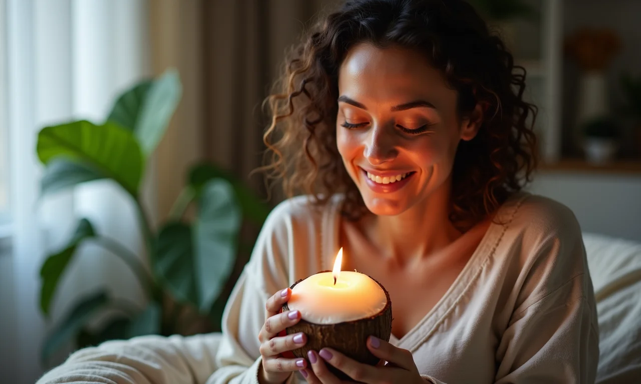 Mulher relaxando com vela de coco, aromaterapia.